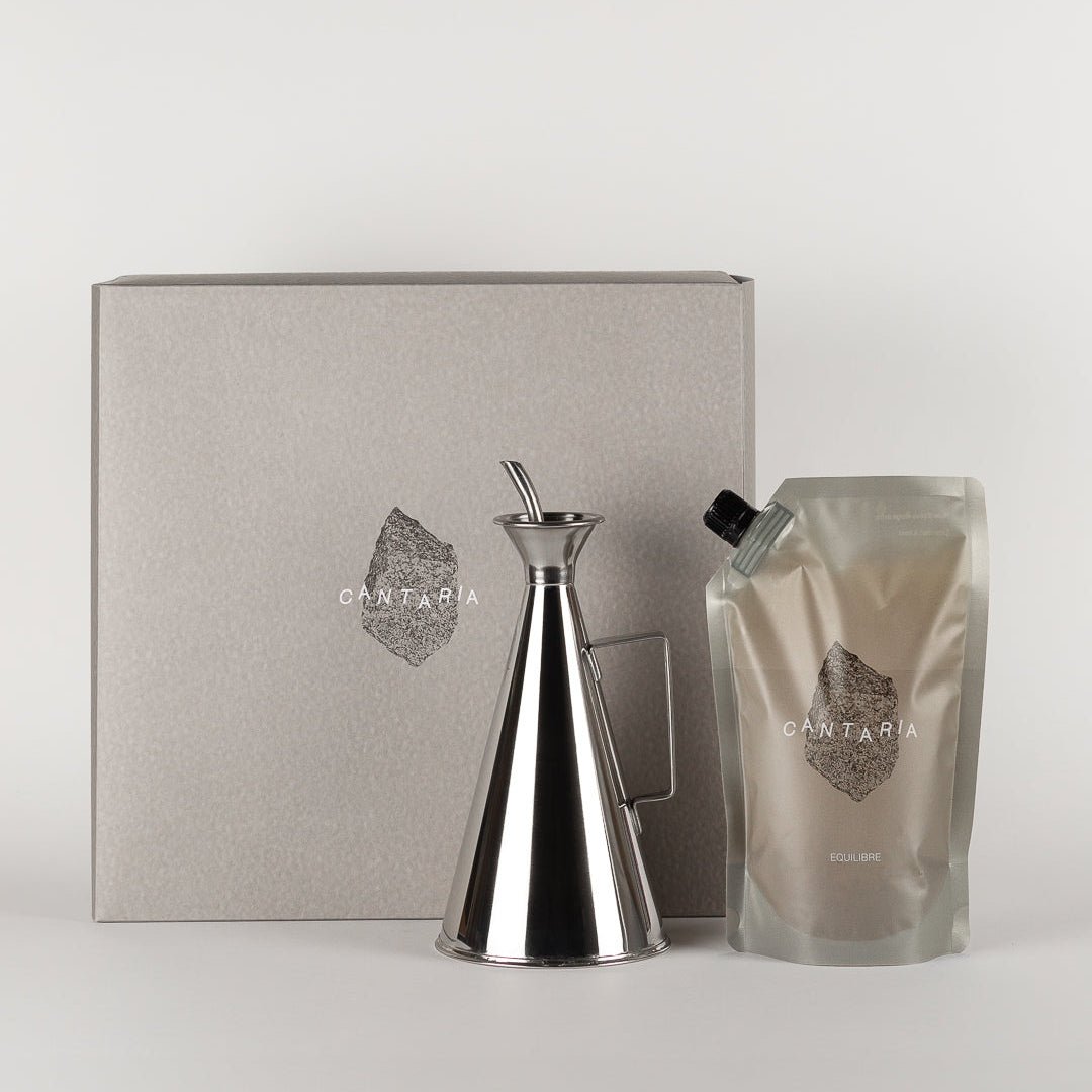 Coffret huile d’olive Cantaria avec huilier inox et recharge Équilibre